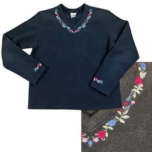 Vtg LL Bean Fleece Polartec Sz M Floral Embroidered Black Cottagecore Y2K 90s